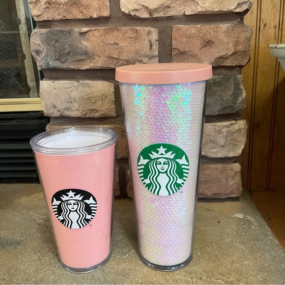 Lot Of 2 Starbucks Plastic Hot Cold 24 & 16 oz Cups Tumblers Pink Glitter Sequin - Picture 1 of 6